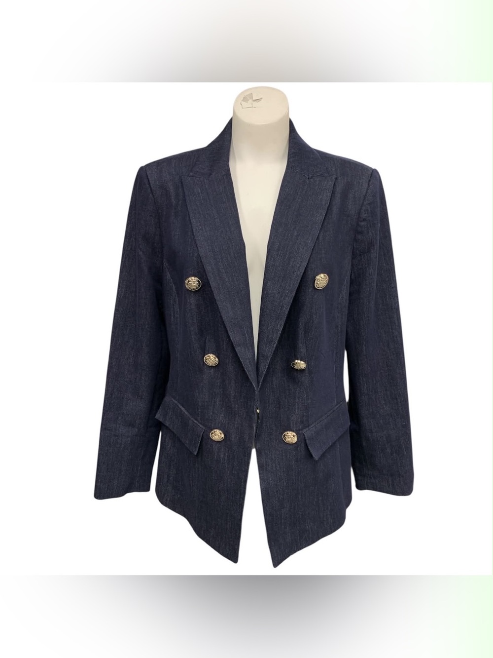 Laura Double-Breasted Navy Denim Blazer with Gold Buttons Size XL